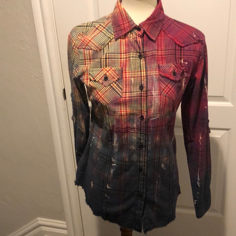 Plaid Black, red and blue distressed shirt